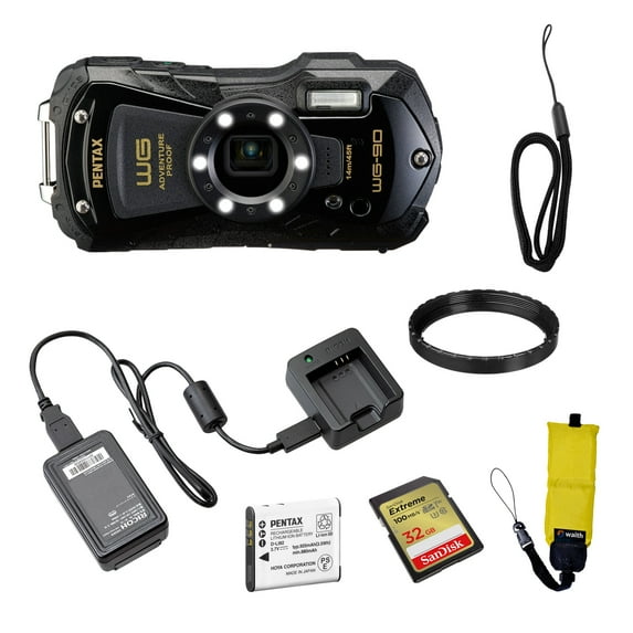 Pentax WG-90 Waterproof Digital Camera (Black) | 2.7" LCD Monitor with 32GB Extreme UHS-I SDHC Memory Card and Waith Camera Strap (Yellow) (Essential Bundle)