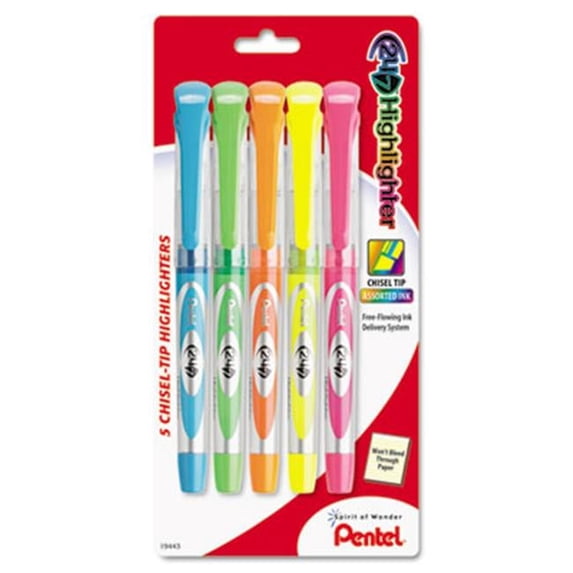 Pentel 24-7 Highlighter Chisel Tip Blue-Green-Orange-Pink-Yellow Ink 5-Set