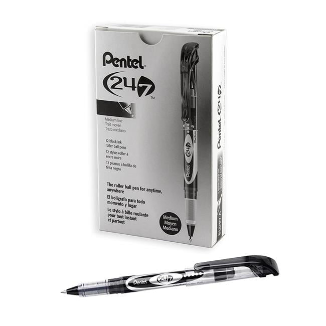 Pentel 24/7 Rollerball Pens - Medium Pen Point - 0.7 mm Pen Point Size - Black Water Based Ink - Black Barrel - Metal Tip - 1 Dozen Pentel 24/7 Rollerball Pens - Medium Pen Point - 0.7 mm Pen Point Size - Black Water Based Ink - Black Barrel - Metal Tip - 1 Dozen