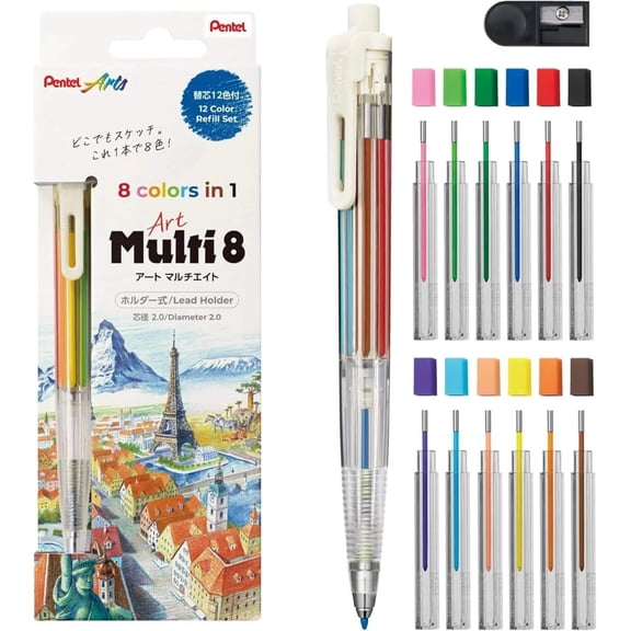Pentel Art Multi 8 Mechanical Colored Pencil with 12 Color Lead Refills