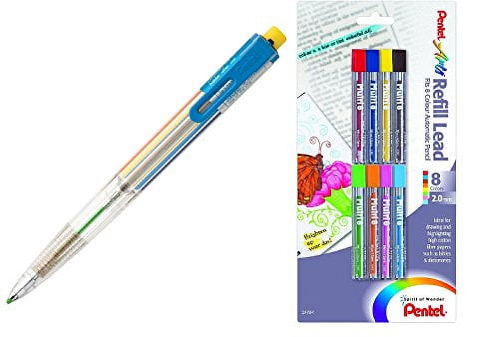 Pentel Arts 8 Color Automatic Pencil, Assorted Accent Clip Colors, 1 Pencil (PH158) (1 Pencil + Refills)
