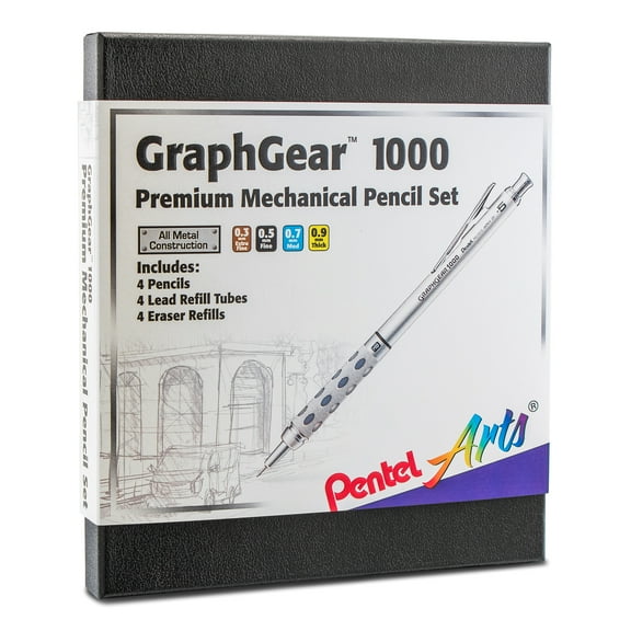 Pentel Arts GraphGear 1000 Premium Automatic Drafting Pencil Set ( 1 pencil each of 0.3mm, 0.5mm, 0.7mm, 0.9mm), 4 Asst. Leads, 4 Refill Erasers, Gift Box Set