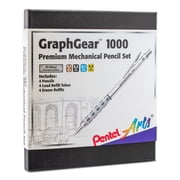 Pentel Arts GraphGear 1000 Premium Automatic Drafting Pencil Set 1 pencil each of 0.3mm, 0.5mm, 0.7mm, 0.9mm, 4 Asst. Leads, 4 Refill Erasers, Gift Box Set