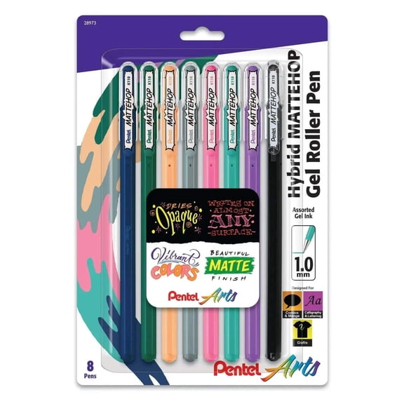 Pentel Arts Hybrid MATTEHOP Gel Roller, 1.0mm, NEW Assorted Colors, 8-Pk