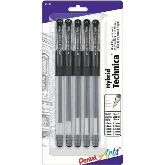 Pentel Arts Hybrid Technica (0.3/0.4/0.5/0.6/0.8mm) Gel Pen, Black Ink 5-Pk arts crafts drawing projects office supplies