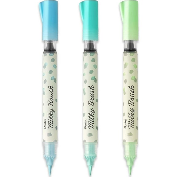 Pentel Arts Milky Brush Marker Pens - Fine to Wide Stroke - Pack of 3 - Pastel Blue, Pastel Mint Green, Pastel Green