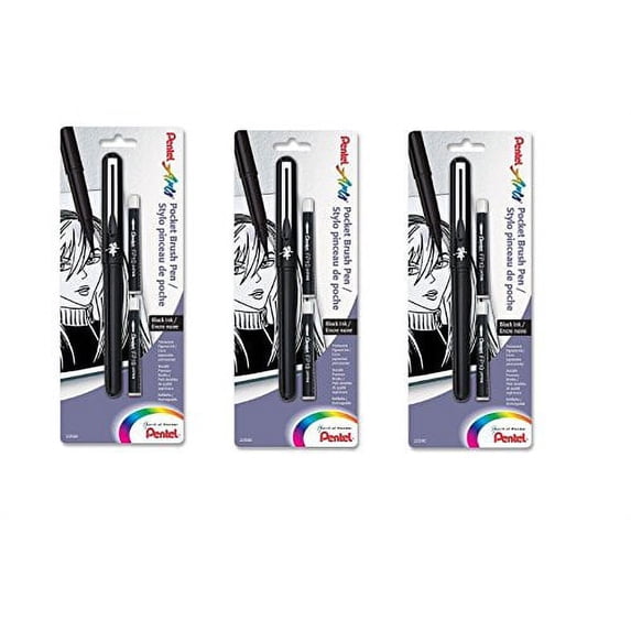 Pentel Arts Pocket Brush Pen, Includes 2 Black Ink Refills (GFKP3BPA) 3 Sets