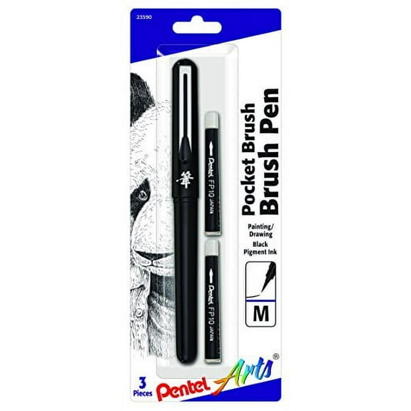 Pentel Arts Pocket Brush Pen, Includes 2 Black Ink Refills (GFKP3BPA)