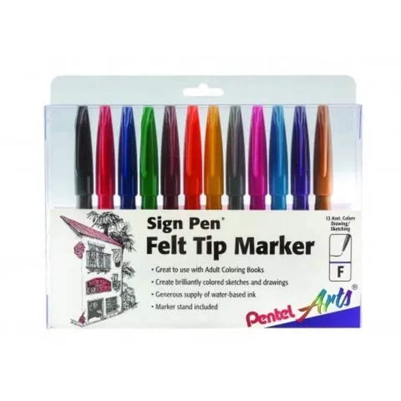 Pentel Arts Sign Pen Fiber-Tipped Pen, Assorted Ink 12-Pk Box