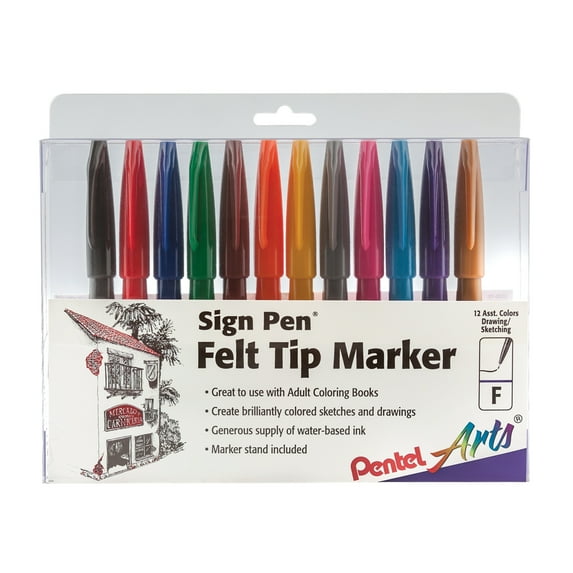 Pentel Arts Sign Pen Fiber-Tipped Pen, Assorted Ink 12-Pk Box