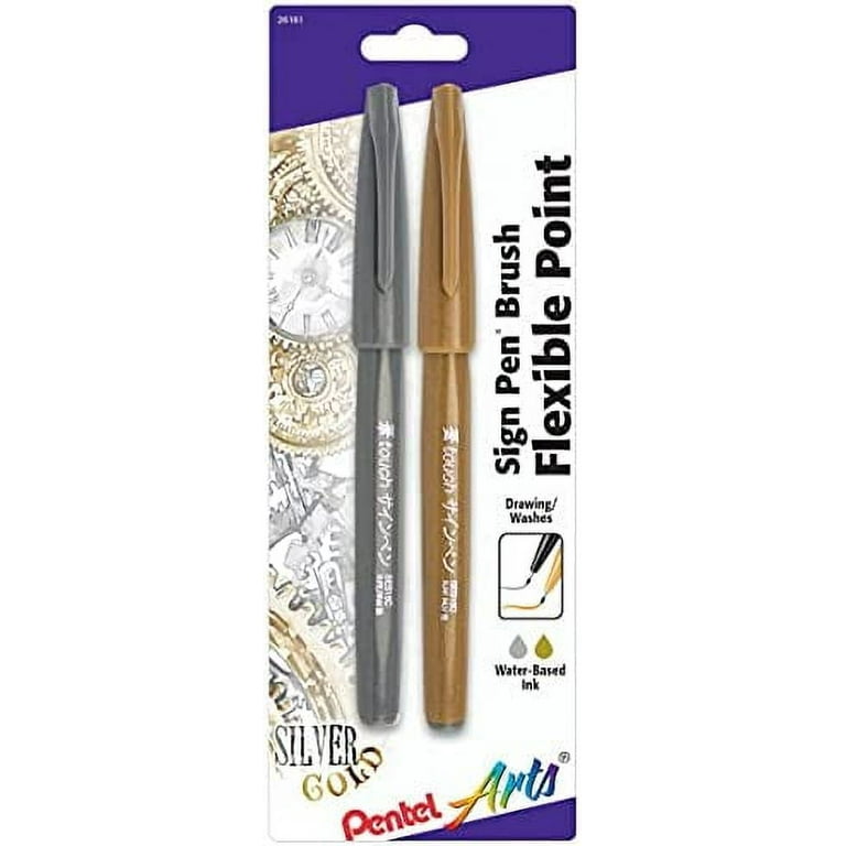 Pentel Arts Sign Pen Touch, Fude Brush Tip, Gold/Silver, Pack of 2  (SES15CBPXZ) 