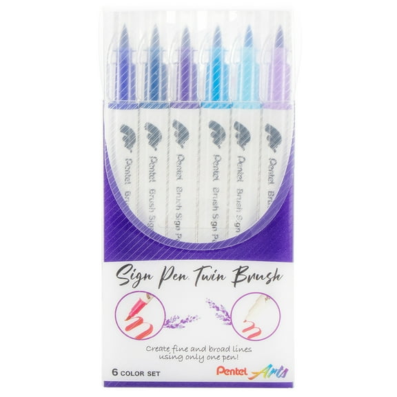 Pentel Arts Sign Pen Twin Brush 6/Pkg-Blue Hues