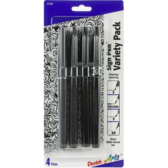 Pentel Arts Sign Pen W/Fiber Tip Variety Pack 4/Pkg-Assorted Nibs - Black Ink