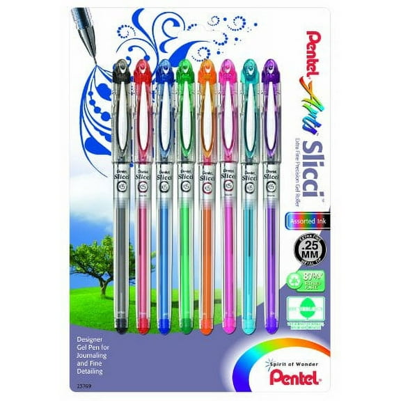 Pentel Arts Slicci 0.25 mm Extra Fine Gel Pen, Assorted Ink, 8 Pack (BG202BP8M)
