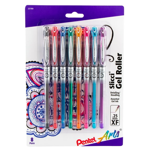 Pentel Arts Slicci (0.25mm) Extra Fine Gel Pen Assorted Ink, 8-Pk