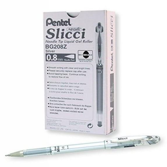 Pentel Arts Slicci 0.8mm Needle Tip, Medium Gel Pen, Silver Metallic Ink (BG208-Z)
