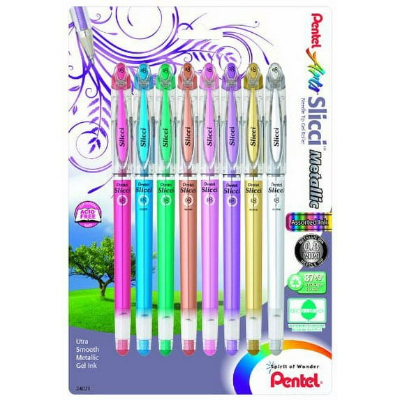 Pentel Arts Slicci Metallic 0.8 mm Needle Tip Gel Pen, Assorted Colors, 8 Pack (BG208BP8M)