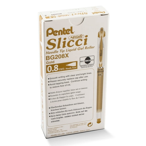 Pentel Arts Slicci METALLIC (0.8mm) Needle Tip Med Gel Pen, Gold Metallic Ink, Pack of 12
