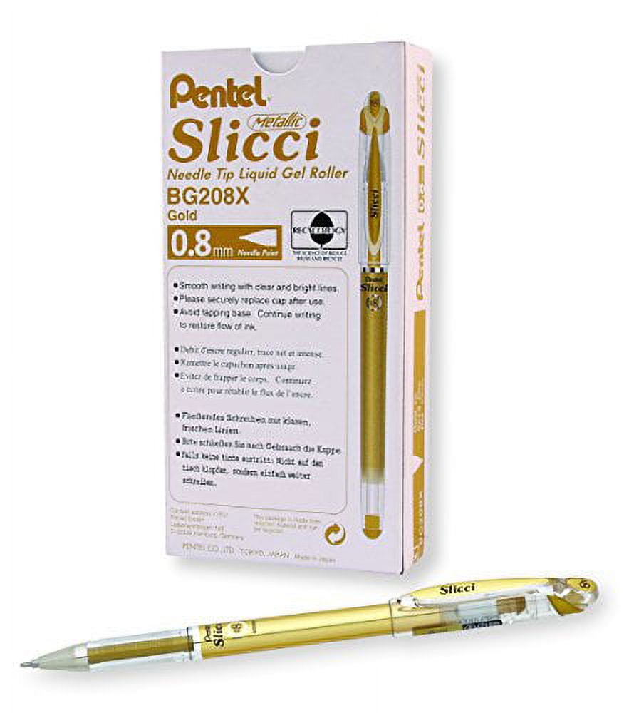 Pentel Arts Slicci Metallic 0.8 mm Needle Tip Gel Pen, Gold Ink, Box of 12 (BG208-X)