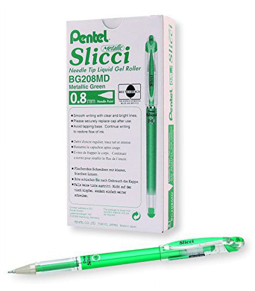 Pentel Arts Slicci Metallic 0.8 mm Needle Tip Gel Pen, Metallic Green Ink, Box of 12 (BG208-MD)