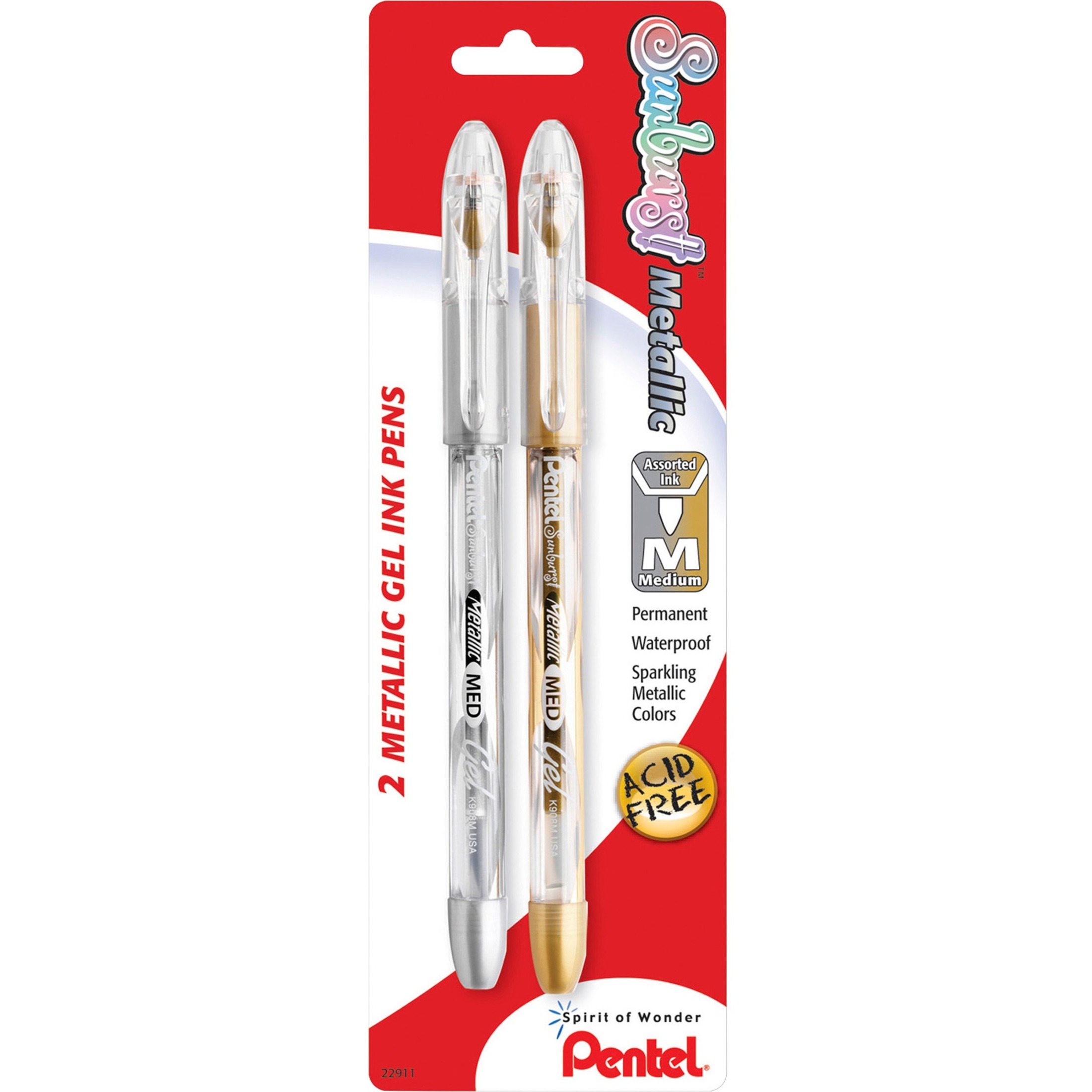 Pentel Arts Pentel Sunburst Metallic Color Permanent Gel Pens - Medium Pen Point - 0.8 mm Pen Point Size - Refillable - Gold, Silver Gel-based Ink - 2 / Pack | Bundle of 5
