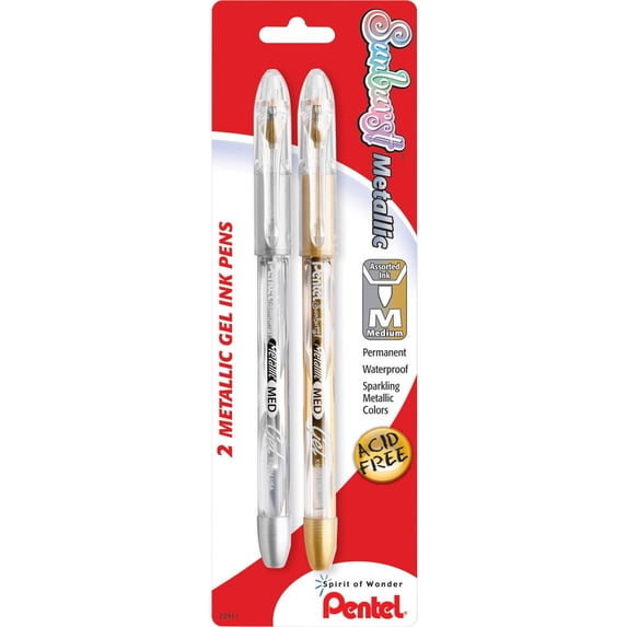 Pentel Arts Pentel Sunburst Metallic Color Permanent Gel Pens - Medium Pen Point - 0.8 mm Pen Point Size - Refillable - Gold, Silver Gel-based Ink - 2 / Pack | Bundle of 5