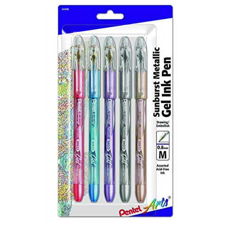 Pentel Arts Sunburst Metallic Gel Pen Medium Line Permanent Assorted Colors 5 Pack