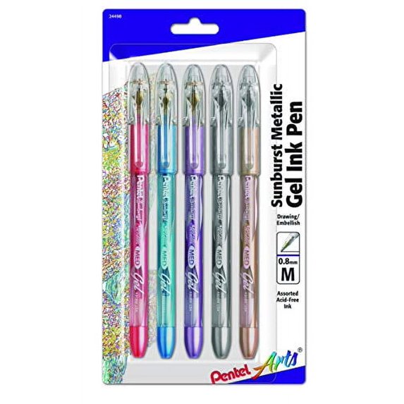 Pentel Arts Sunburst Metallic Gel Pen, Medium Line, Permanent, Assorted Colors, 5 Pack