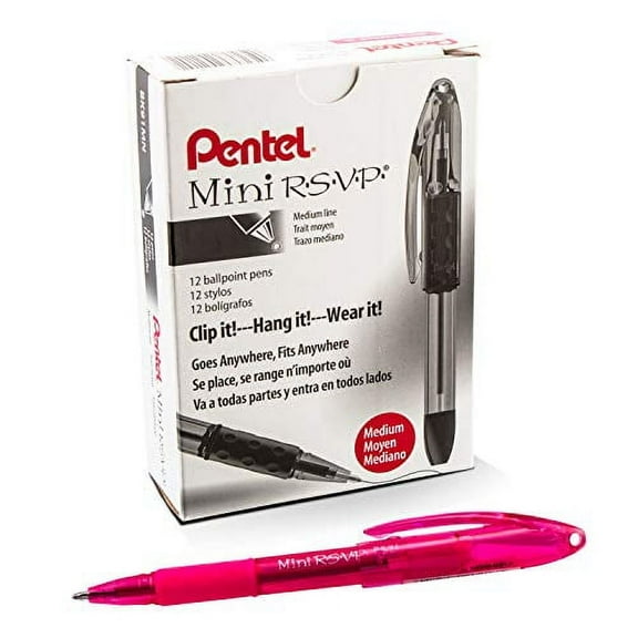 Pentel BK91MNP-P Pentel Mini R.S.V.P. Stick Ballpoint Pen, Translucent Brl, Pink Ink, Med Pt, Box of 12