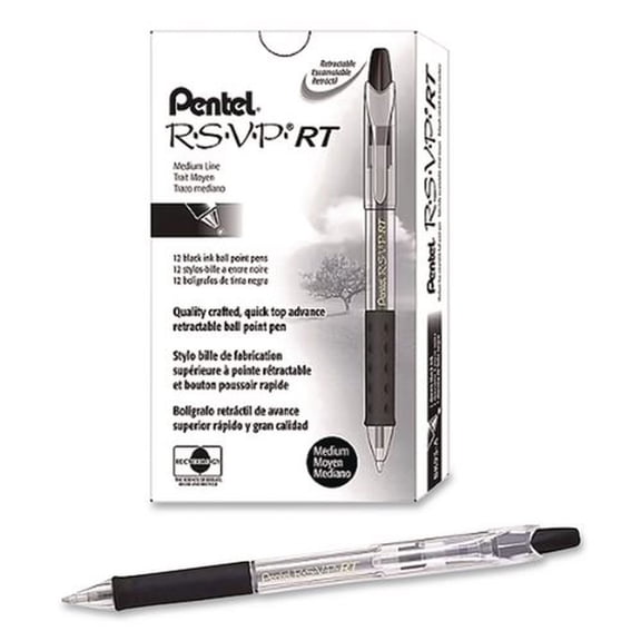 Pentel BX477-A R.S.V.P. Super RT 0.7 mm Medium Retractable Ballpoint Pen - Black Ink, Clear/Black Barrel (1-Dozen)