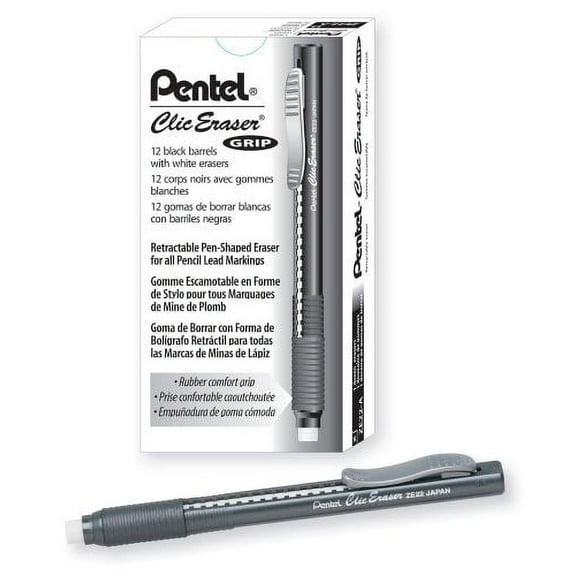 Pentel Clic Eraser Grip, Retractable Eraser, Black Barrel, Box of 12 (ZE22A)