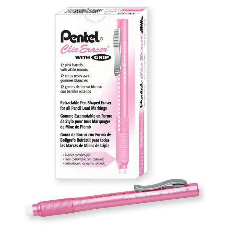 Pentel Clic Eraser, Retractable Eraser Pen Style Grip - Pack of 5 Assorted Colors with 3 Refills
