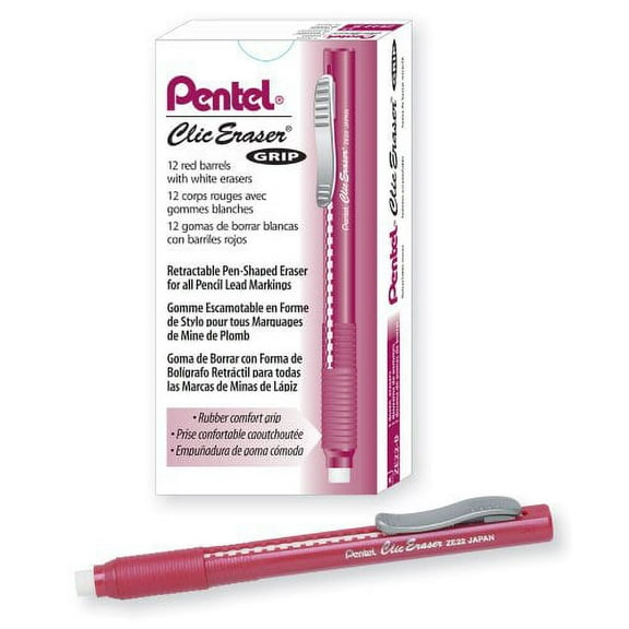 Pentel Clic Eraser Grip, Retractable Eraser, Red Barrel, Box of 12 (ZE22B)