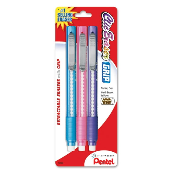 Pentel Clic Eraser Grip Retractable Eraser with Grip Fashion Barrel Colors 3-Pk