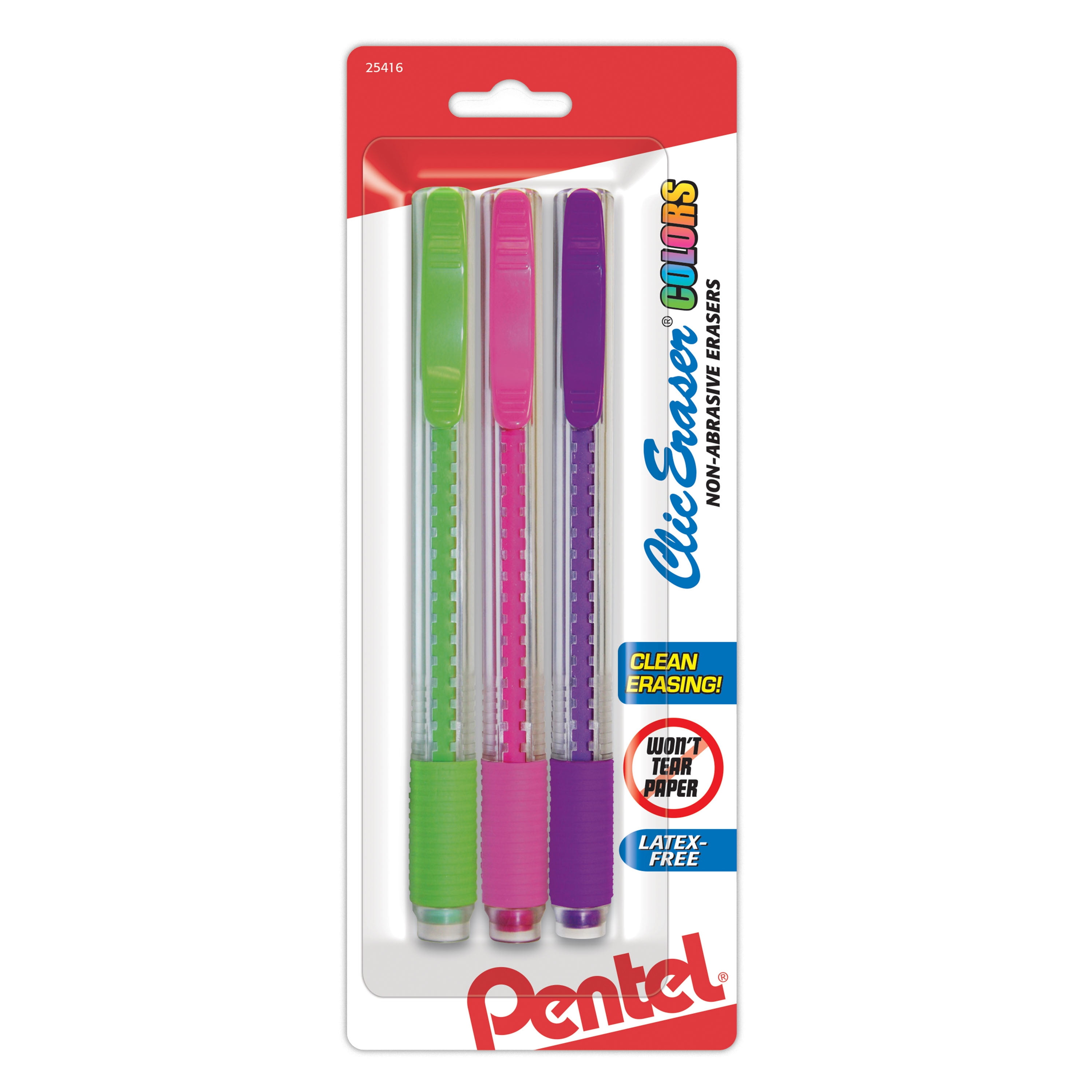Pentel Clic Eraser Pencil-Style Grip Eraser, Assorted, 3/Pack