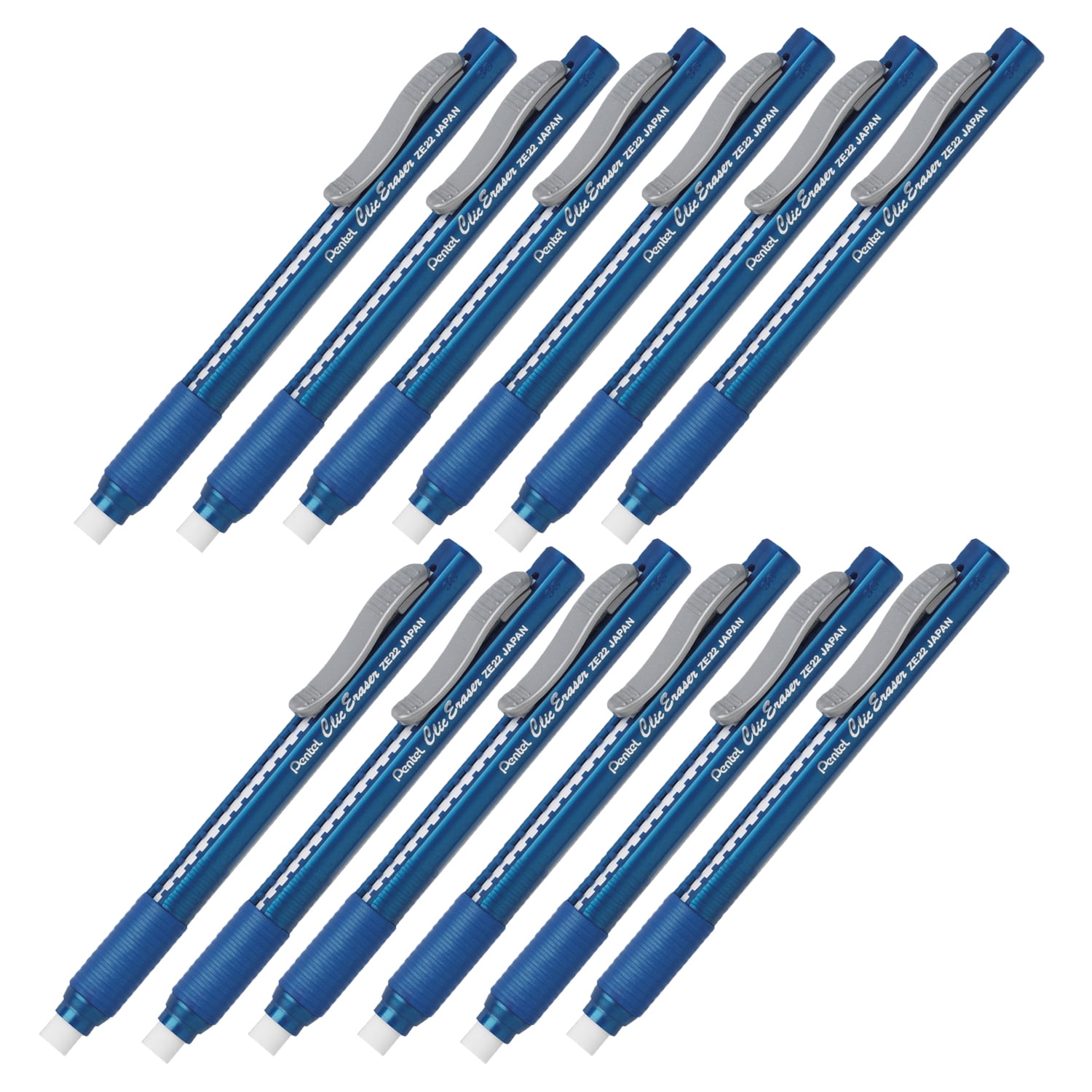 Pentel Clic Erasers Grip, Blue Barrel, Pack of 12