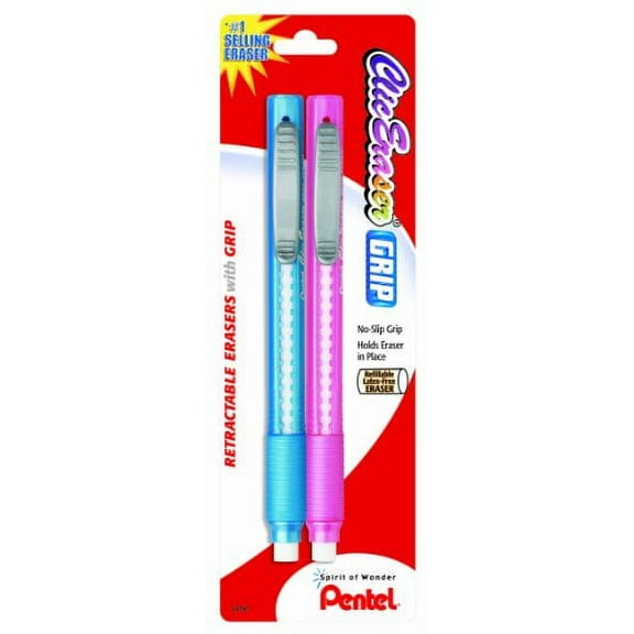 Pentel Clic Retractable Eraser with Grip, Assorted Barrels, 2 Pack (ZE21TBP2M)