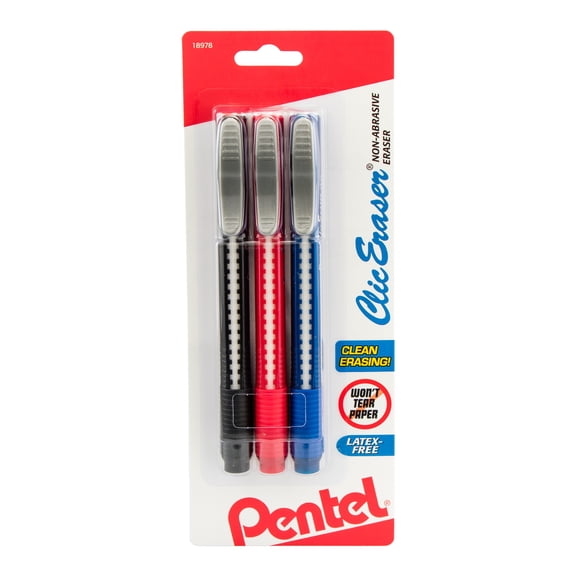 Pentel Clic Retractable Eraser with Grip, Assorted Barrels, Pack of 3