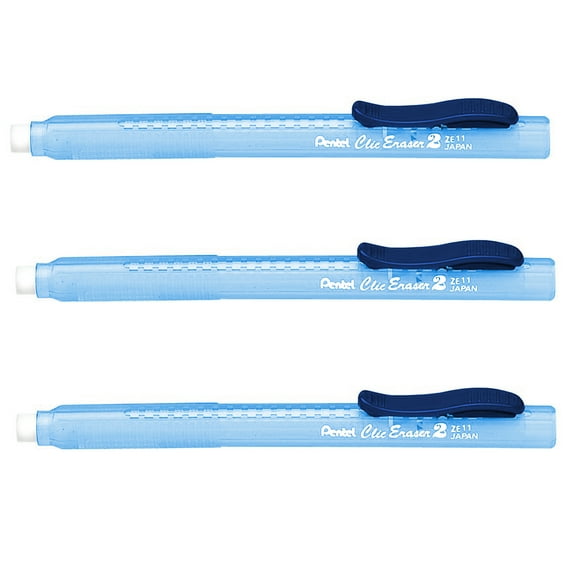 Pentel Clic Stick Eraser Rubber Holder - Blue Barrel - White Eraser - Pack of 3