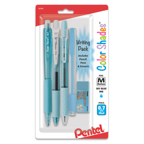 Pentel Color Shades 5-Piece Writing pack – Sky Blue Pens, Mechanical Pencil & Erasers for School or Office