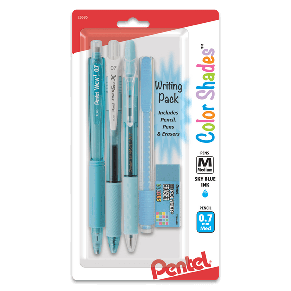 Pentel Color Shades 5-Piece Writing pack Sky Blue Pens, Mechanical Pencil & Erasers for School or Office