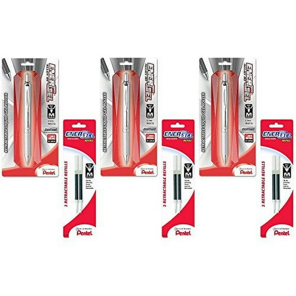 Pentel EnerGel Alloy RT Premium Liquid Gel Pen, 0.7mm Silver Barrel, Black Ink 3 Pens with 6 Refills Black Ink 0.7mm, Metal Tip