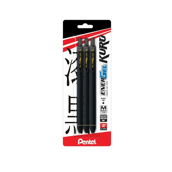 Pentel EnerGel Kuro Liquid Gel Pens, (0.7mm) Medium Line, Black Ink, 3 Pack