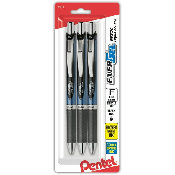 Pentel EnerGel Liquid Gel Ink Deluxe RTX Retractable Pens, NeedlePoint, 0.5 mm, Black Ink, 3 Count