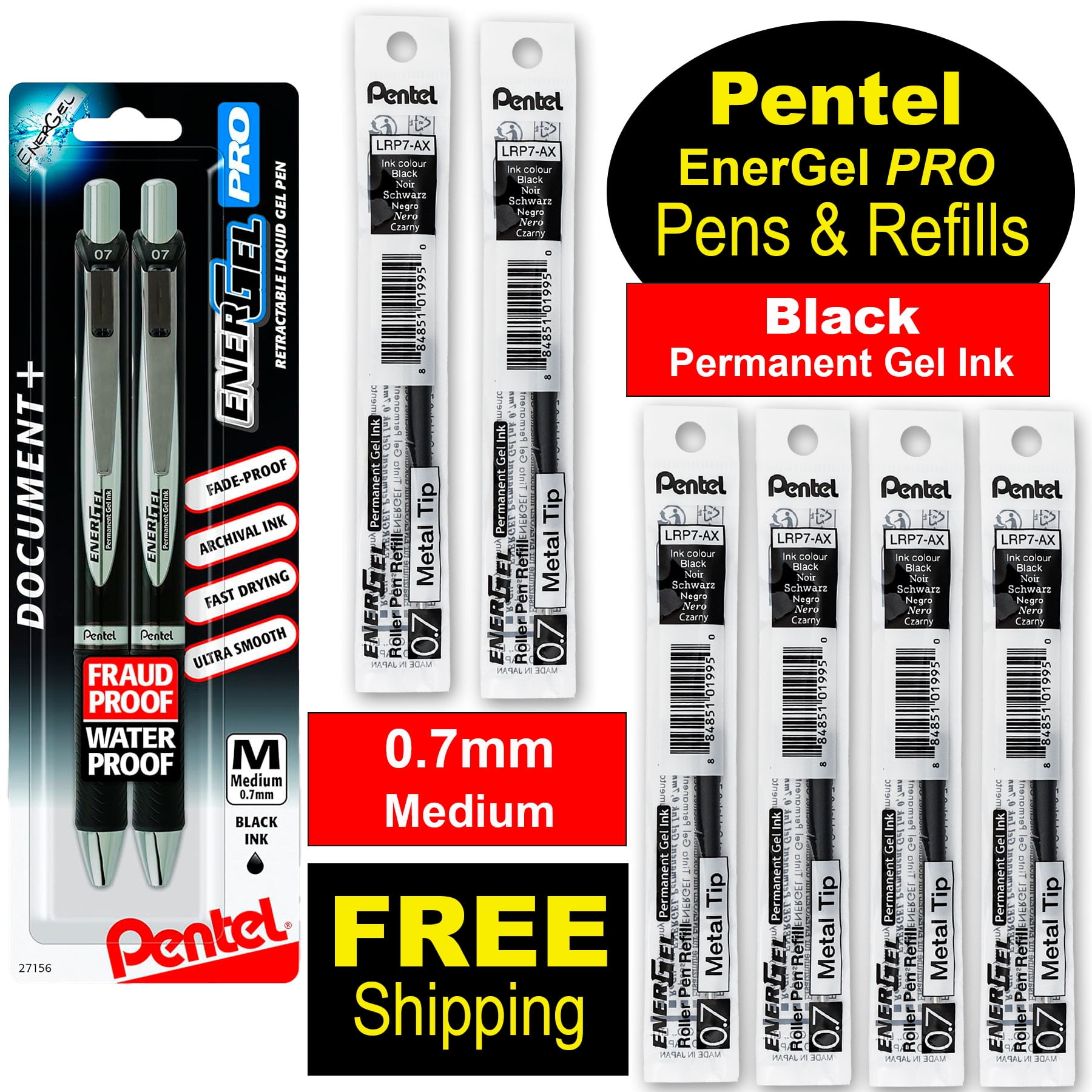 Pentel EnerGel PRO Permanent Gel Ink Pens & Refills, Black Ink, 0.7mm Medium