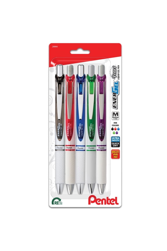 EnerGel Pearl RTX Gel Ink Pens, Medium Point, 0.7mm, Assorted Ink, Pack of 5 Pens