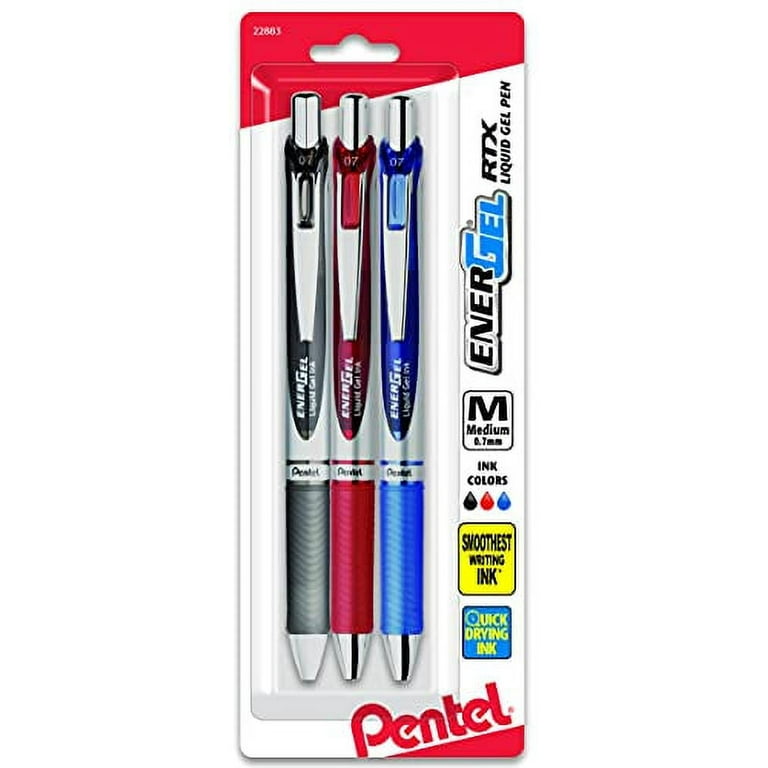 Pentel EnerGel RTX Gel Ink Pens, 0.7 Millimeter Metal Tip, Black/Red/Blue  Ink, 3 Packs (BL77BP3M), Assorted