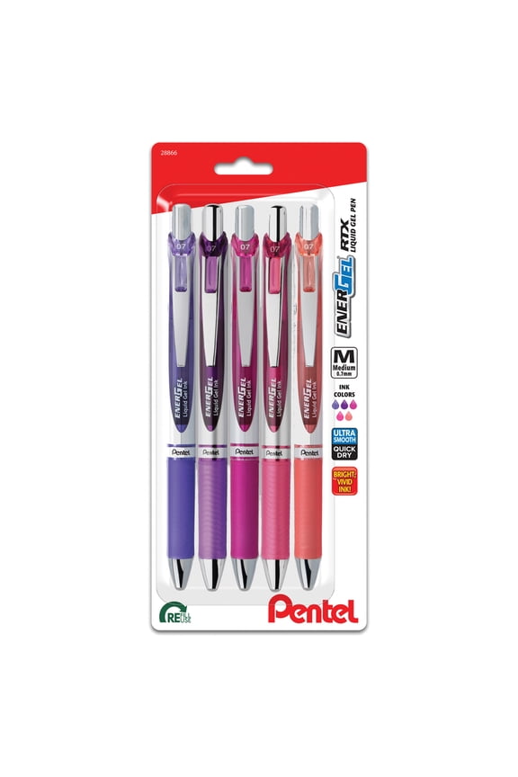 EnerGel RTX Liquid Ink Gel Pens, Passion Hue Barrels, Medium Point, 0.7mm, Assorted Ink, Pack of 5 Pens