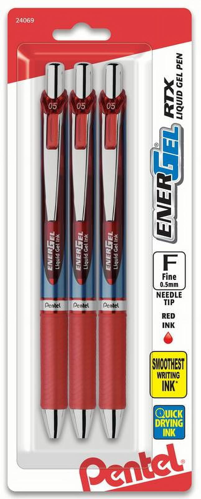 Pentel EnerGel RTX Gel Pen, (0.5mm) Needle Tip, Red Ink, 3-pk