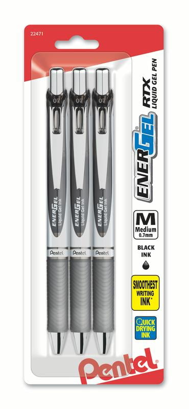 Pentel EnerGel RTX Gel Pen, 0.7mm Medium Metal Tip, Black Ink 3-Pk 